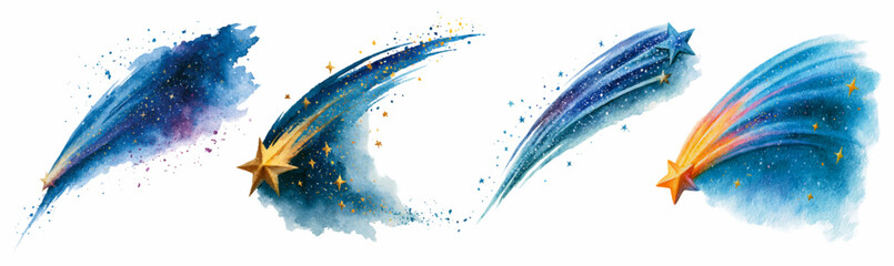 Watercolor shooting stars and celestial comets leaving trails of stardust, creating magical cosmic patterns with sparkling gold elements on a white background © Mari