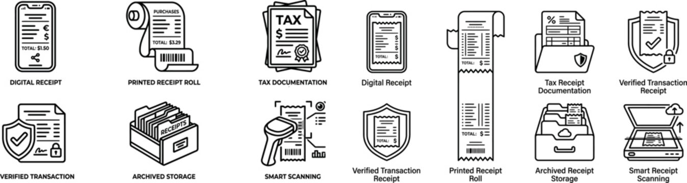 Receipt and financial documentation management vector icons.