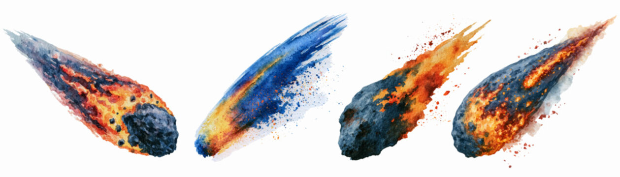 Watercolor meteors and comets falling from space. Depicting cosmic impact. Astronomical events. And celestial objects entering earth's atmosphere. Bringing a sense of danger. Arrival