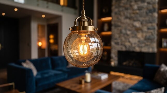 Vintage brass pendant light with amber glass shade close up in luxury dark living room interior