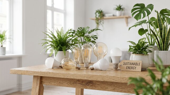 Energy saving LED and filament light bulbs with sustainable energy label on wooden table