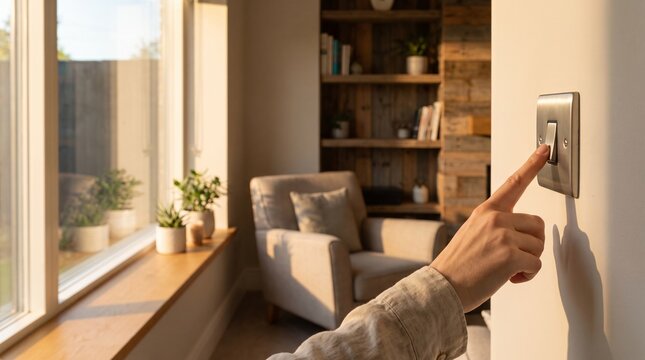 Hand turning off light switch in cozy sunny living room