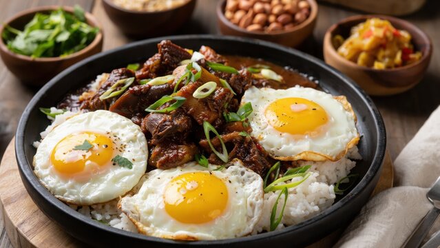 Fresh bibimbap bowl with fried eggs and vegetables on a table