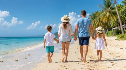Obraz premium Back view of a happy family with two children walking barefoot along a beautiful sandy beach on summer day. Parents holding hands with their son and daughter while enjoying a relaxing seaside vacation