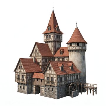 Medieval timber-framed castle with red roofs and water wheel in rural setting
