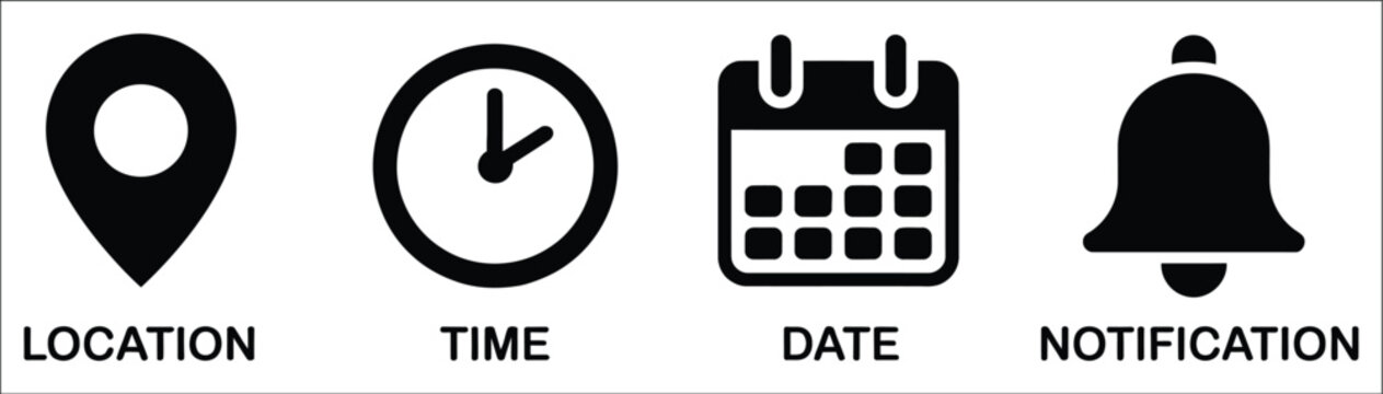 Date, time, address, and notification vector icon collection featuring calendar, location pin, clock, alarm bell, schedule, reminder, business planning, and alert system symbols isolated on white