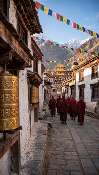 Tibetan mountain village street with Buddhist monks walking toward monastery with golden roof, large prayer wheels, colorful prayer flags, traditional whitewashed houses & snow-capped Himalayan peaks