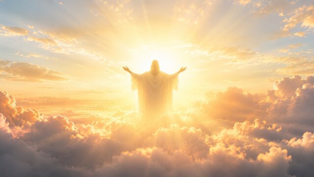 Silhouette of Jesus Christ with outstretched arms above a glowing sunrise and dramatic clouds, symbolizing faith, hope, salvation, prayer, spirituality, divine light, peace, and Christian worship.