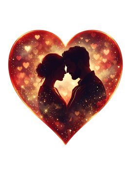 Couple silhouette inside a glowing heart. Romantic lovers embracing in a love shape.