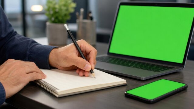Man writing in notebook with laptop on table. Businessman taking notes during remote meeting with green screen display. Corporate office workplace and digital technology concept.