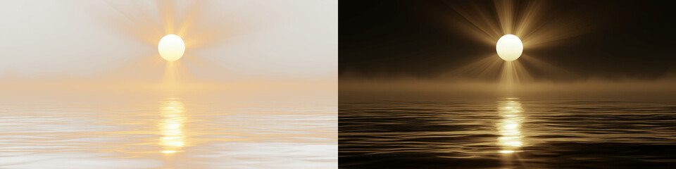 Obraz premium Golden sunset over ocean with radiant sun beams, soft atmospheric fog and glowing water reflections, serene 3D render for landscape background, travel concept, wellness banner and spiritual design