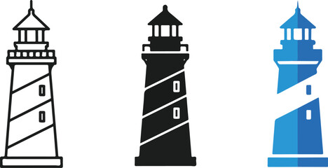 Obraz premium Set of three lighthouse vector icons in different graphic styles.