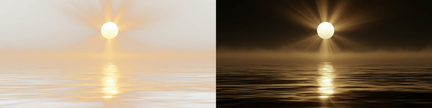 Golden sunset over ocean with radiant sun beams, soft atmospheric fog and glowing water reflections, serene 3D render for landscape background, travel concept, wellness banner and spiritual design