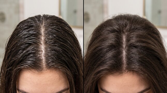 Before and after greasy oily hair roots to fresh voluminous hair	