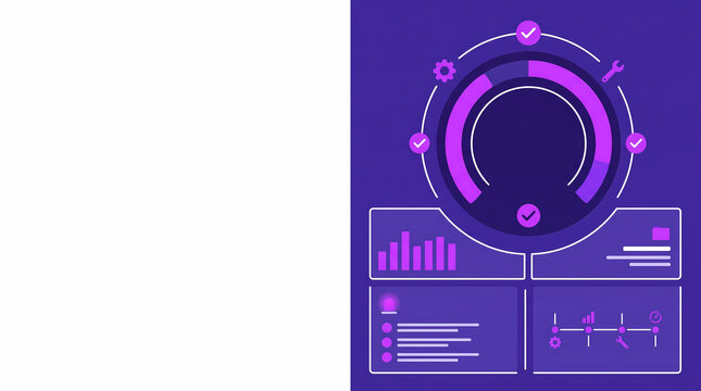 Digital dashboard neon purple user interface tracking performance metrics displaying statistics on digital network - flat vector graphic