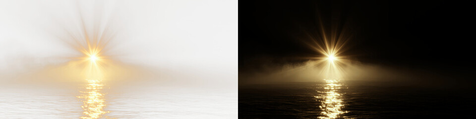 Obraz premium Dramatic golden sunrise over misty ocean water with cinematic lens flare, 3D render of mystical glowing sun reflecting on dark sea waves, atmospheric background for spiritual or nature branding