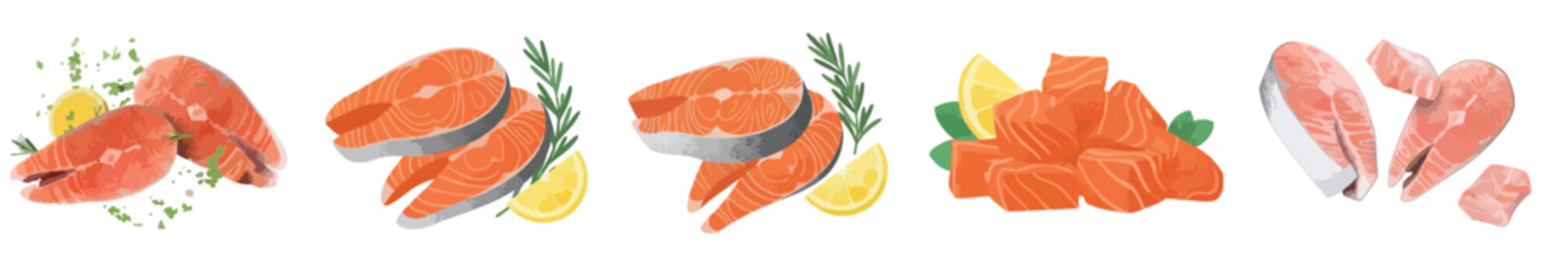 Fresh Raw Salmon Steaks and Cubes Set with Lemon and Herbs, Vector Seafood Illustration Isolated on White Background