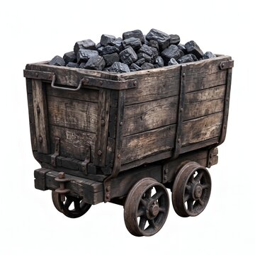 Rustic wooden mine cart filled with coal on iron wheels against white background