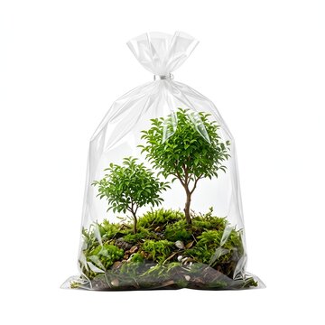 Tiny bonsai trees and moss in a sealed plastic bag, eco concept on white background