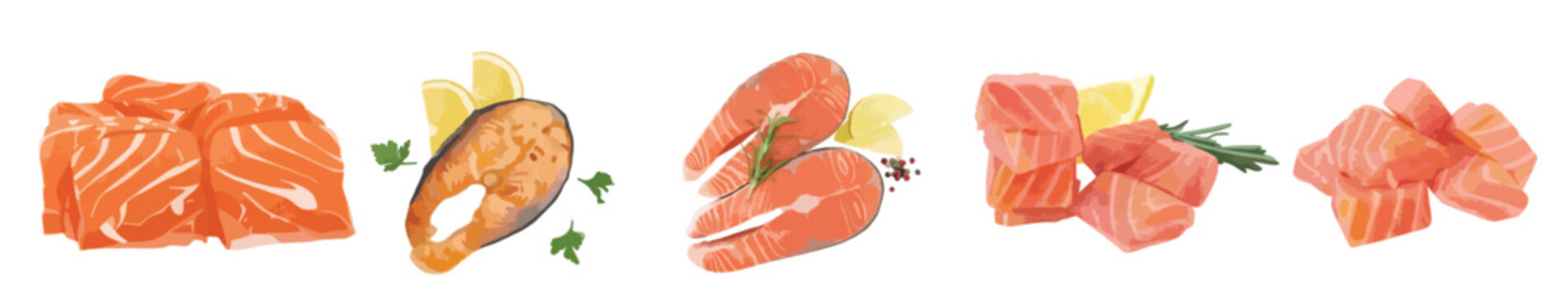 Fresh Raw Salmon Steaks and Cubes Set with Lemon and Herbs, Vector Seafood Illustration Isolated on White Background