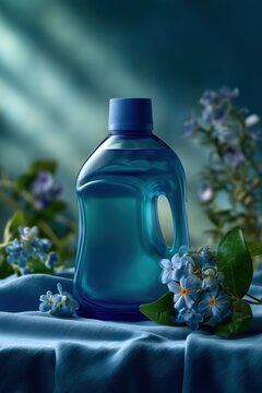 A product shot of a blue laundry detergent bottle on a table with a light silk cloth and white flowers, against a blue background.