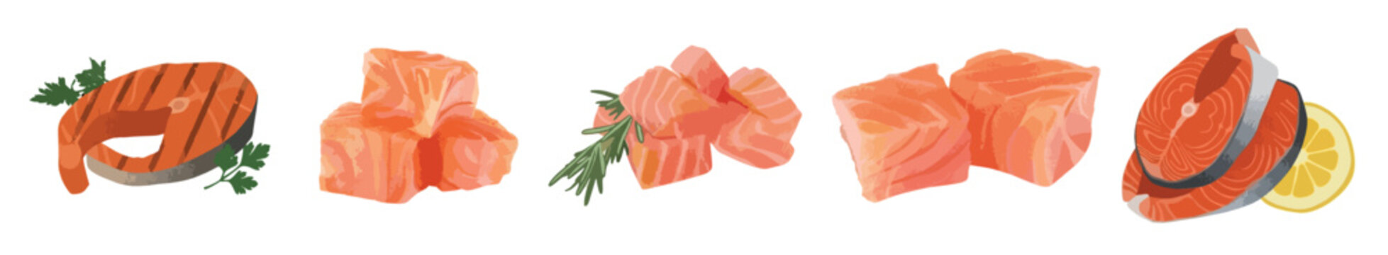 Fresh Raw Salmon Steaks and Cubes Set with Lemon and Herbs, Vector Seafood Illustration Isolated on White Background