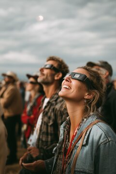 Group of people gathered outdoors wearing eclipse glasses, looking up in awe, subtle smiles and wonder on their faces.