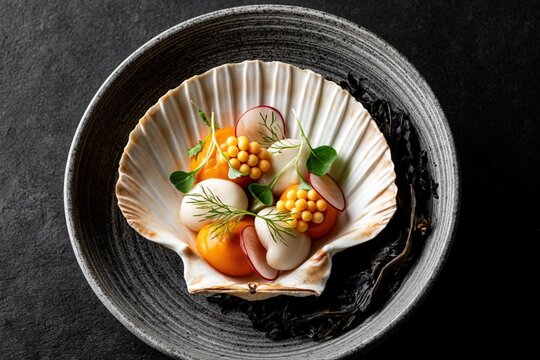 A close up, high angle view shows a prepared scallop dish.