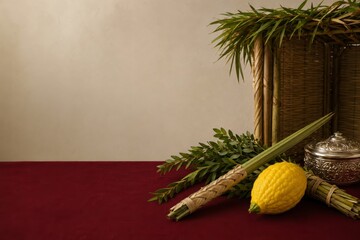 Traditional Sukkot etrog and lulav on burgundy fabric © Heying HUA