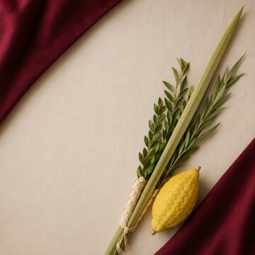 Sukkot Four Species with etrog arranged on cream fabric