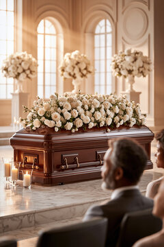 A funeral service takes place inside a spacious hall with cream colored walls and marble flooring and a polished dark mahogany casket.