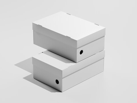 3D Render Clean Blank Stacked Shoe Packaging Box Mockup. Isometric 3D Render Two Empty Retail Shoes Carton Box Template Mockup