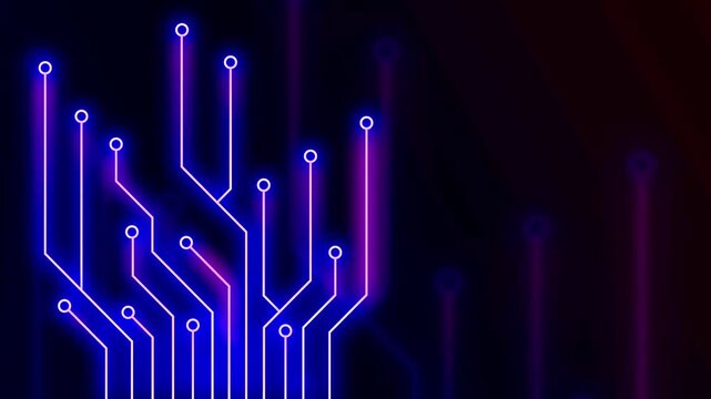 Circuit board glowing lines animation forming a tech network tree on dark background.