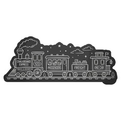Chalkboard Express train, with a locomotive and various cars including passenger and freight, is illustrated with text and stars against a dark background. © Creative Studio 