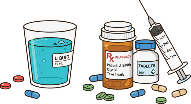 Medical Prescription Vector Set with Rx Pharmacy Bottles Syringe Injection Liquid Cup Pills Tablets and Capsules for Healthcare Designs