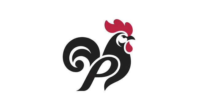Rooster letter P logo. Farm poultry mascot emblem. Creative agricultural branding. Clean vector illustration
