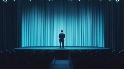 Fototapeta premium Speaker stands alone on a large theater stage in front of a bright blue curtain.