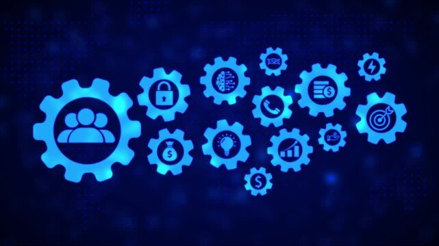 A cluster of interconnected glowing blue gears displaying for teamwork security finance innovation communication growth and achievement against a dark blue digital background with a subtle map pattern