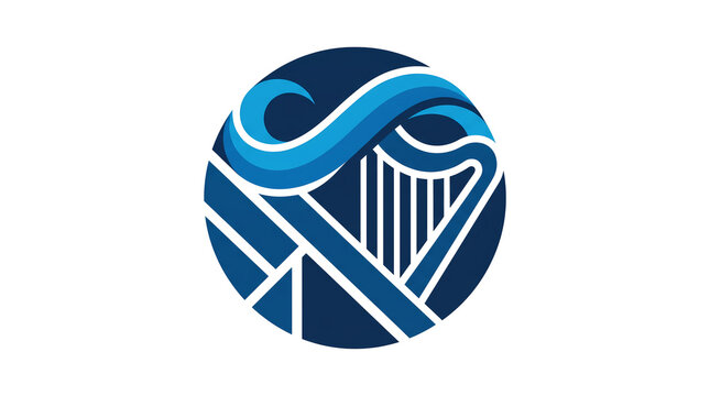 Abstract harp music logo. Celtic instrument emblem. Ocean wave musical identity. Blue vector illustration