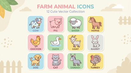 Fototapeta premium Cute Farm Animal Vector Icons Collection 12 Kawaii Illustrations