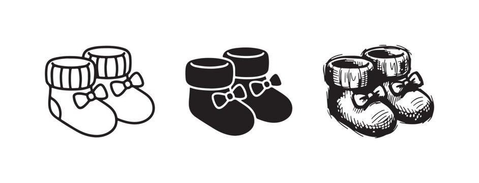 A trio of baby booties with decorative bows, presented in outline, solid black silhouette, and a charming hand-drawn sketch style.