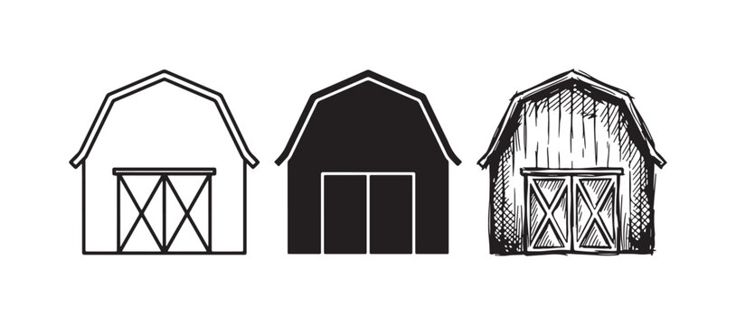 Barn with X-Crossbuck Doors Icon Set: Outline, Solid, and Hand-Drawn Styles for Farmhouse Graphic