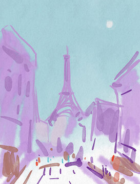 eiffel tower in paris. Hand drawn streen in purple colors. 