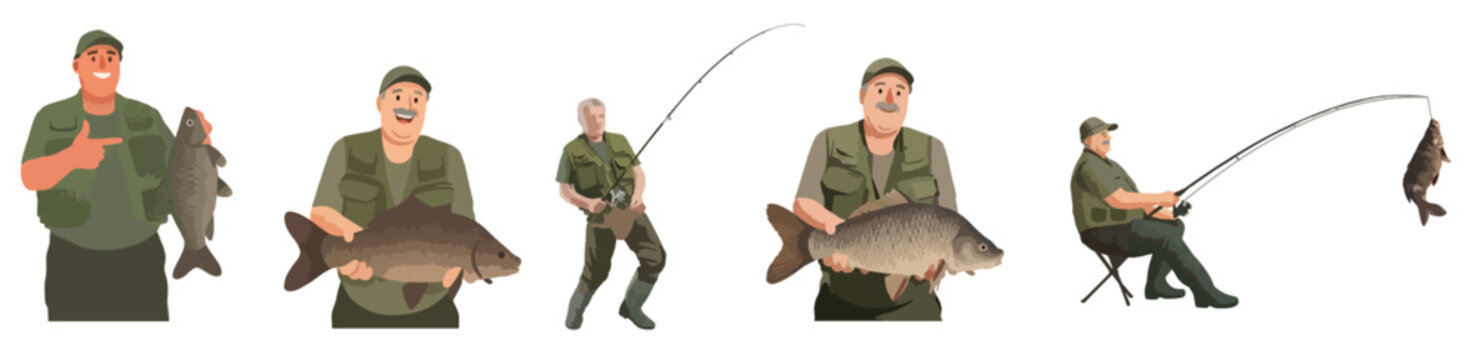 Fishermen Character Vector Set with Fishing Rods and Big Catch Fish, Outdoor Angling Sport Concept Isolated on White Background