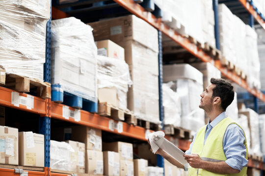 Checklist, man and logistics inventory in warehouse for order picking, stock count or inspection. Supply chain, picker and clipboard for delivery management, tracking inbound cargo and distribution