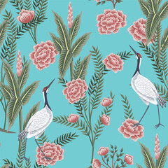 Vintage garden plant, rose flower, crane floral seamless pattern blue background. Exotic chinoiserie wallpaper. © good_mood