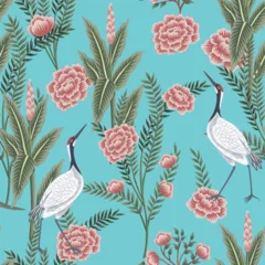 Vintage garden plant, rose flower, crane floral seamless pattern blue background. Exotic chinoiserie wallpaper. © good_mood