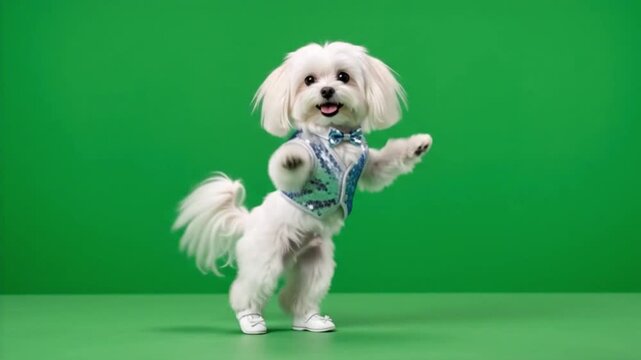 Maltese dog in a costume and sneakers dancing on its hind legs on a green screen
