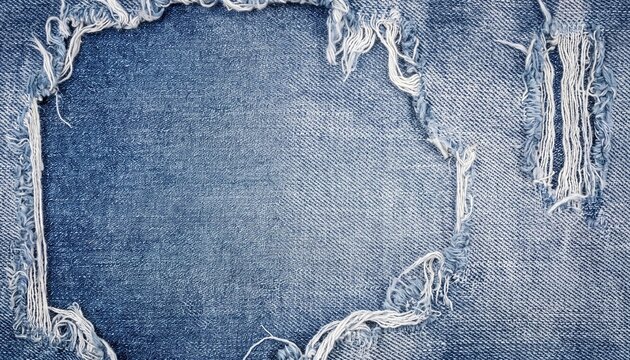 Faded blue denim fabric distressed texture background with torn threads
