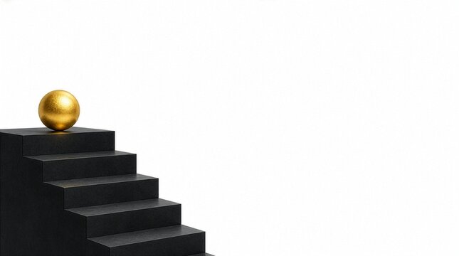 Golden sphere on top of black stairs isolated on white